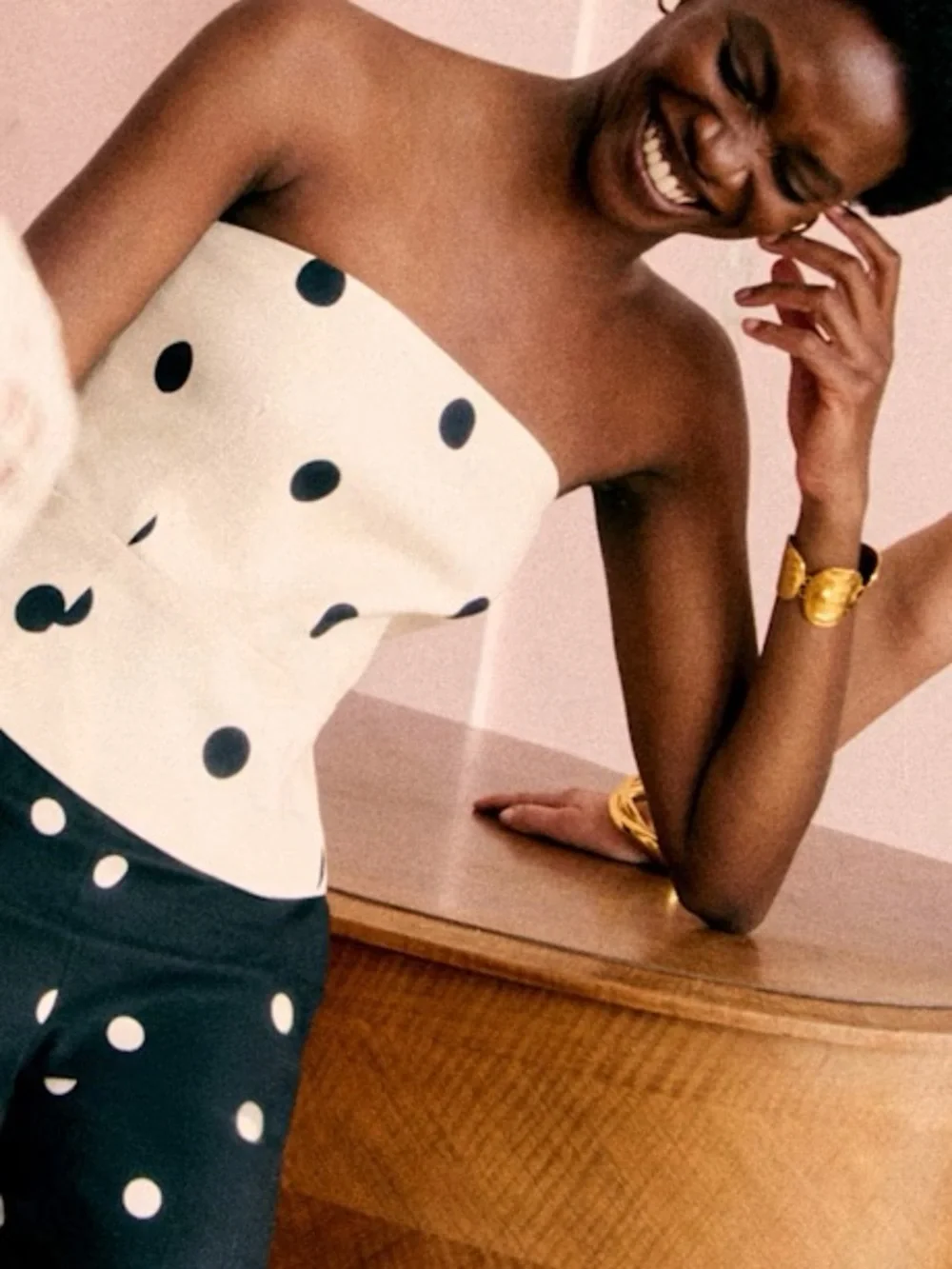 SEZANE EDITIONS Ecru Cream & Black Polka Dot Printed Linen Strapless Peplum Top - Picture 8 of 17